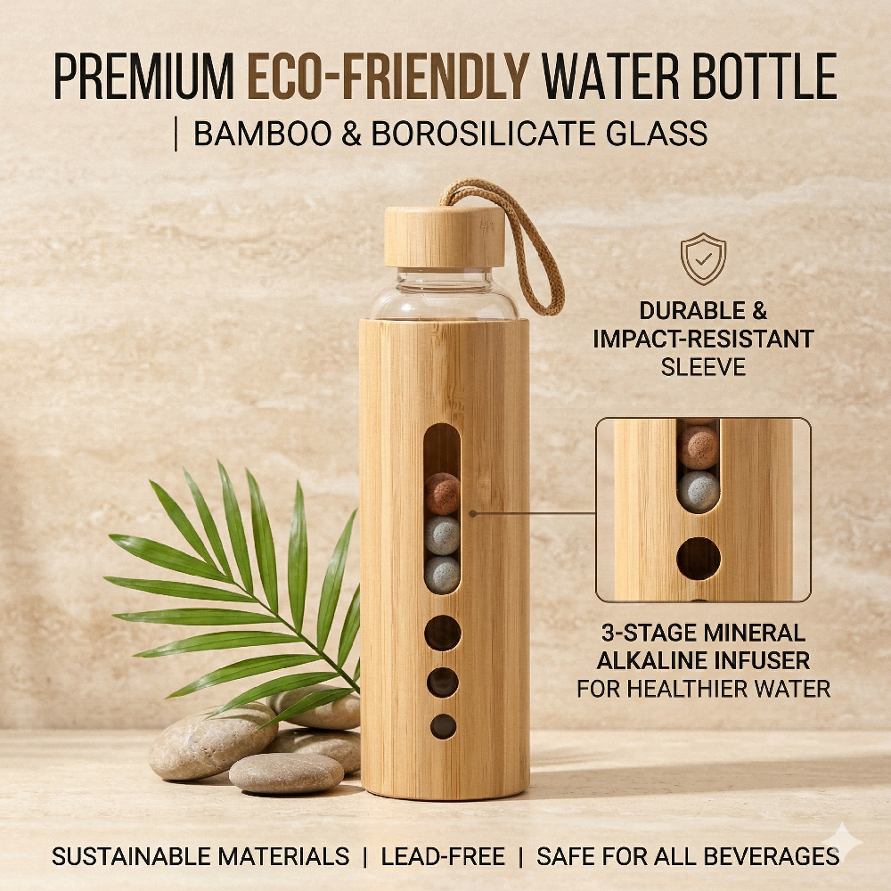 Smart Water Bottle Tracker - 550ML Borosilicate Glass Water Bottle Bamboo